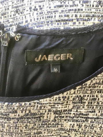 JAEGER NAVY BLUE,IVORY & SILVER WEAVE SLEEVELESS PENCIL DRESS SIZE 16