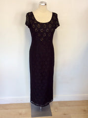 DEBUT BLACK LACE BEADED TRIM CAP SLEEVE LONG EVENING DRESS SIZE 12