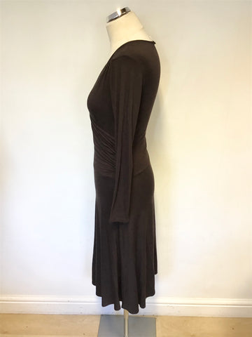PHASE EIGHT DARK BROWN STRETCH JERSEY LONG SLEEVE WRAP DRESS SIZE 8