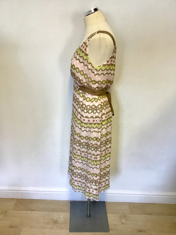 HOBBS INVITATION PINK,WHITE,LIME & BROWN SILK PRINT DRESS & PINK JACKET SIZE 12