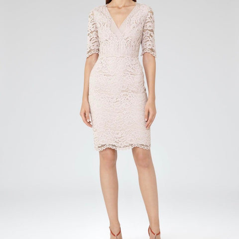REISS DAHLIA NUDE SHORT SLEEVE  LACE SPECIAL OCCASION PENCIL DRESS  SIZE 14