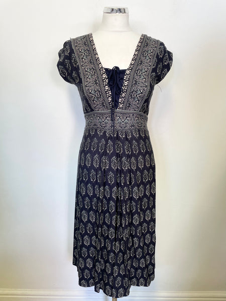 BRAND NEW MONSOON MARIANNE NAVY PRINT STRETCH JERSEY SLEEVELESS FIT & FLARE DRESS SIZE 10