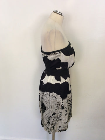 REISS BLACK & WHITE PRINT SILK STRAPLESS DRESS SIZE 8