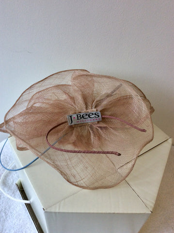J BEES MILLINARY DUSKY PINK ROSE TRIM & BLUE COIL FASCINATOR