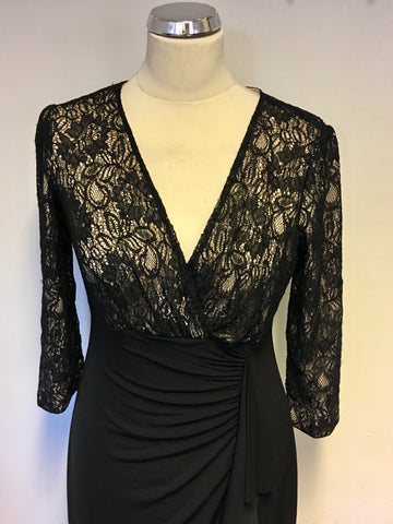 LONDON TIMES BLACK LACE TOP 3/4 SLEEVE LONG EVENING DRESS SIZE 8 UK 12