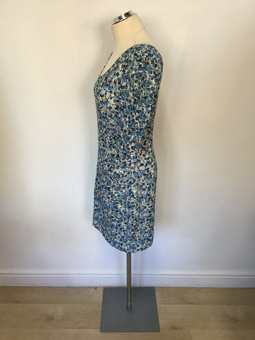 REISS RACHEL TURQOUISE,BLUE & WHITE FLORAL PRINT STRETCH SHORT SLEEVE DRESS SIZE 14