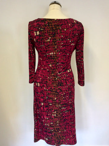 GINA BACCONI RED PRINT STRETCH WRAP ACROSS PENCIL DRESS SIZE 16
