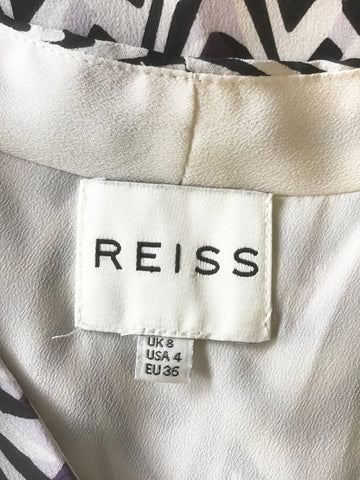 REISS TIA IVORY,BLACK  & PURPLE CHEVRON PRINT SLEEVELESS SILK FIT & FLARE DRESS SIZE 8