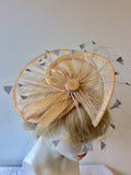 HARE AND THE HAT BESPOKE MILLINARY PALE PEACH & GREY FEATHER TRIM FASCINATOR