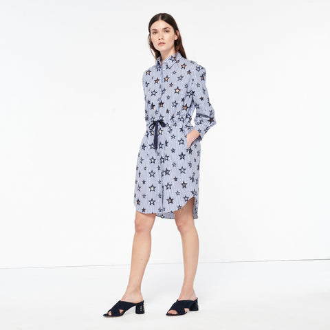 BRAND NEW SANDRO PARIS BLUE & WHITE STRIPE EMBROIDERED STAR SHIRT DRESS SIZE 1 UK S
