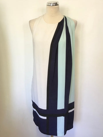 WHISTLES WHITE,NAVY & TURQUOISE SILK COLOUR BLOCK SHIFT DRESS SIZE 14