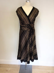 MONSOON BLACK & BRONZE STRIPED COTTON FIT & FLARE DRESS SIZE 16