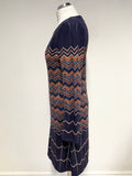 MONSOON NAVY BLUE & ORANGE CHEVON PATTERNED FINE KNIT DRESS SIZE 12