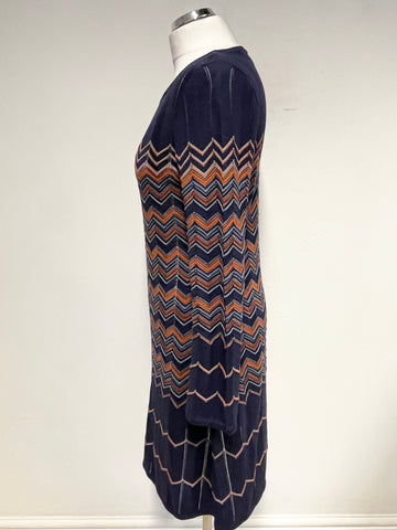 MONSOON NAVY BLUE & ORANGE CHEVON PATTERNED FINE KNIT DRESS SIZE 12