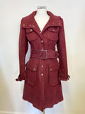 KAREN MILLEN BURGUNDY BRUSHED COTTON BELTED KNEE LENGTH COAT SIZE 10