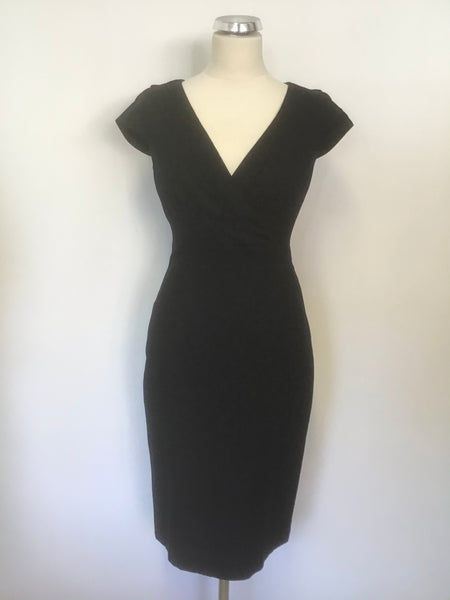 HOBBS BLACK V NECKLINE CAP SLEEVE WOOL PENCIL DRESS SIZE 8