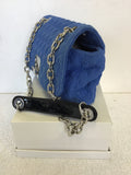 JAEGER BLUE EMBOSSED STITCHED FABRIC & SILVER CHAIN STRAP SHOULDER BAG
