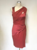 REISS HERIMONE RED ASYMMETRIC NECKLINE SATIN & CHIFON PLEATED DRAPE PENCIL DRESS SIZE 12