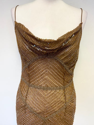 MONSOON BRONZE BEADED & SEQUINNED SILK STRAPPY EVENING DRESS SIZE 12