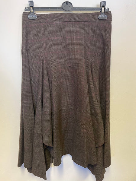 KAL KAUR RAI BROWN CHECK FLARED UNEVEN HEMLINE SKIRT SIZE 10