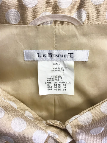LK BENNETT GOLD & WHITE SPOT SILK BLEND SPECIAL OCCASION PENCIL DRESS & JACKET SIZE 10