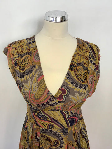 TED BAKER BROWN PAISLEY PRINT SILK SLEEVELESS FIT & FLARE DRESS SIZE 1 UK 8/10