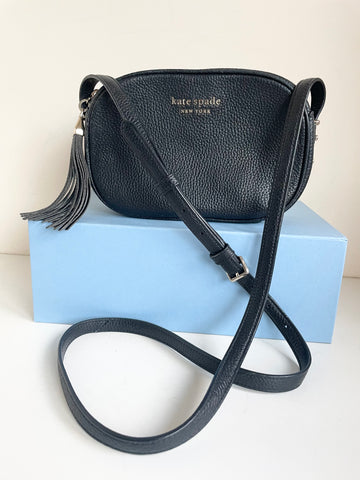KATE SPADE ANNABEL BLACK LEATHER TASSEL TRIM CROSS BODY/SHOULDER CAMERA BAG