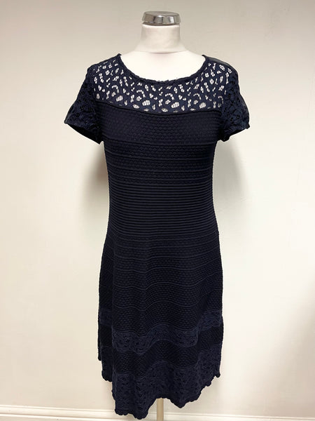 MARCCAIN NAVY KNIT LACE TRIMMED CAP SLEEVE A LINE DRESS SIZE 4 UK 14