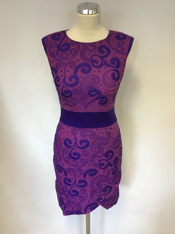 KAREN MILLEN PURPLE EMBROIDERED PENCIL DRESS SIZE 8