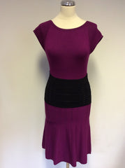 KAREN MILLEN CRANBERRY PINK & BLACK WAIST TRIM FINE KNIT DRESS SIZE 1 UK 8/10