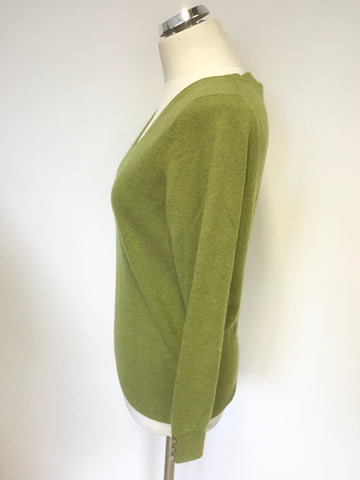 MARKS & SPENCER PURE CASHMERE LICHEN GREEN V NECKLINE LONG SLEEVE JUMPER SIZE 14