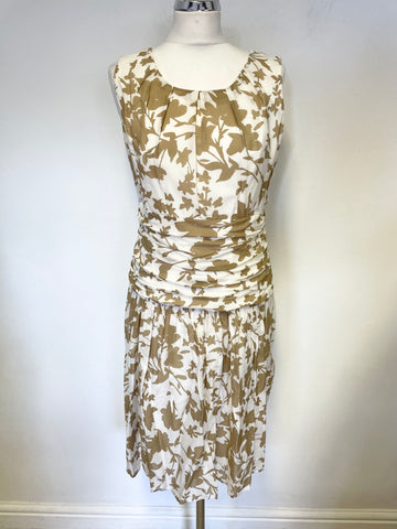 JIGSAW TAUPE & IVORY PRINT SILK & COTTON SLEEVELESS DRESS SIZE 14