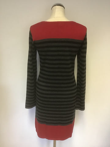 HOBBS RED WITH GREY & BLACK STRIPE LONG SLEEVE KNIT DRESS SIZE M