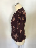 BRAND NEW BURGUNDY & PINK FLORAL PRINT WRAP ACROSS BLOUSE SIZE 16
