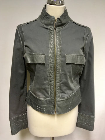BRAND NEW EMPORIO ARMANI GREY COTTON & LEATHER TRIM ZIP UP JACKET SIZE 44 UK 12
