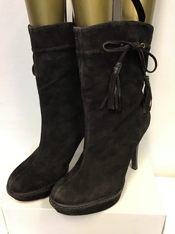 KAREN MILLEN DARK BROWN SUEDE TASSEL TRIM CALF LENGTH BOOTS SIZE 5/38