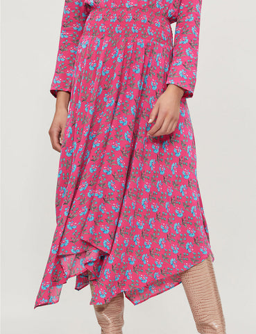 MAJE RAYINA DARK PINK DITSY FLORAL PRINT LONG SLEEVE ASYMMETRIC HEM DRESS SIZE 1 UK 8/10