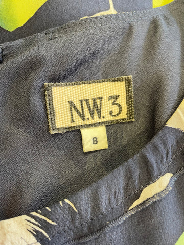 HOBBS NW3 NAVY BLUE FEATHER PRINT SILK SHORT SLEEVE SHIFT DRESS SIZE 8