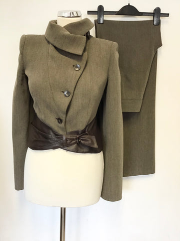 ARMANI COLLEZIONI BROWN WOOL BLEND WITH LEATHER TRIM JACKET & TROUSER SUIT SIZE 40 UK 8