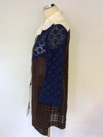 LOUIS VUITTON 2013 WHITE,NAVY BLUE & BROWN BROIDERY ANGLAISE LONG JACKET SIZE 36 UK 10