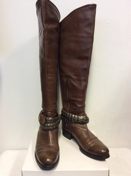 DANIEL BROWN LEATHER STUDDED ANKLE TRIM KNEE LENGTH BOOTS SIZE 5/38