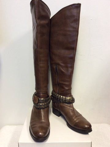 DANIEL BROWN LEATHER STUDDED ANKLE TRIM KNEE LENGTH BOOTS SIZE 5/38