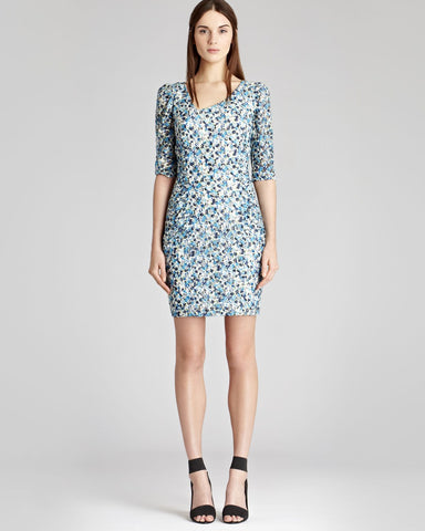 REISS RACHEL TURQOUISE,BLUE & WHITE FLORAL PRINT STRETCH SHORT SLEEVE DRESS SIZE 14