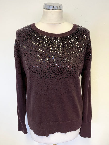 THE WHITE COMPANY AUBERGINE SEQUIN TRIMMED MERINO WOOL BLEND JUMPER SIZE 12