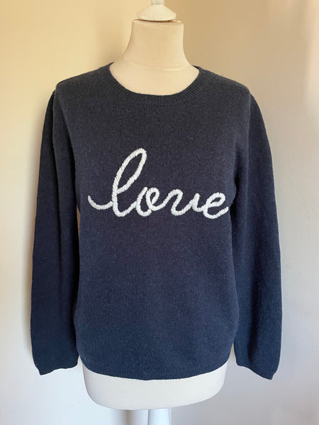 HUSH NAVY BLUE ‘LOVE’ EMBROIDERED MERINO WOOL BLEND JUMPER SIZE M