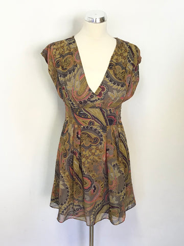TED BAKER BROWN PAISLEY PRINT SILK SLEEVELESS FIT & FLARE DRESS SIZE 1 UK 8/10