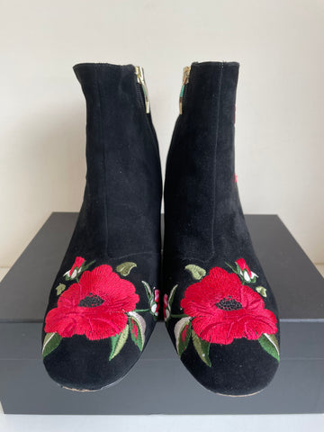 KATE SPADE BLACK SUEDE & RED EMBROIDERED POPPY ANKLE BOOTS SIZE 7/40