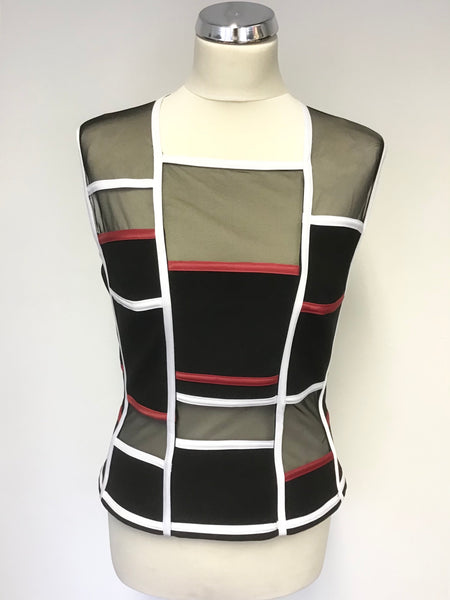 JOSEPH RIBKOFF BLACK,RED & WHITE TRIM MESH PANEL TOP SIZE 12