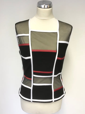 JOSEPH RIBKOFF BLACK,RED & WHITE TRIM MESH PANEL TOP SIZE 12