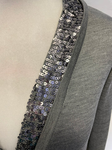 TWIN-SET SIMONA BARBIERI GREY 100% SILK SEQUIN TRIMMED LONG CARDIGAN SIZE XL